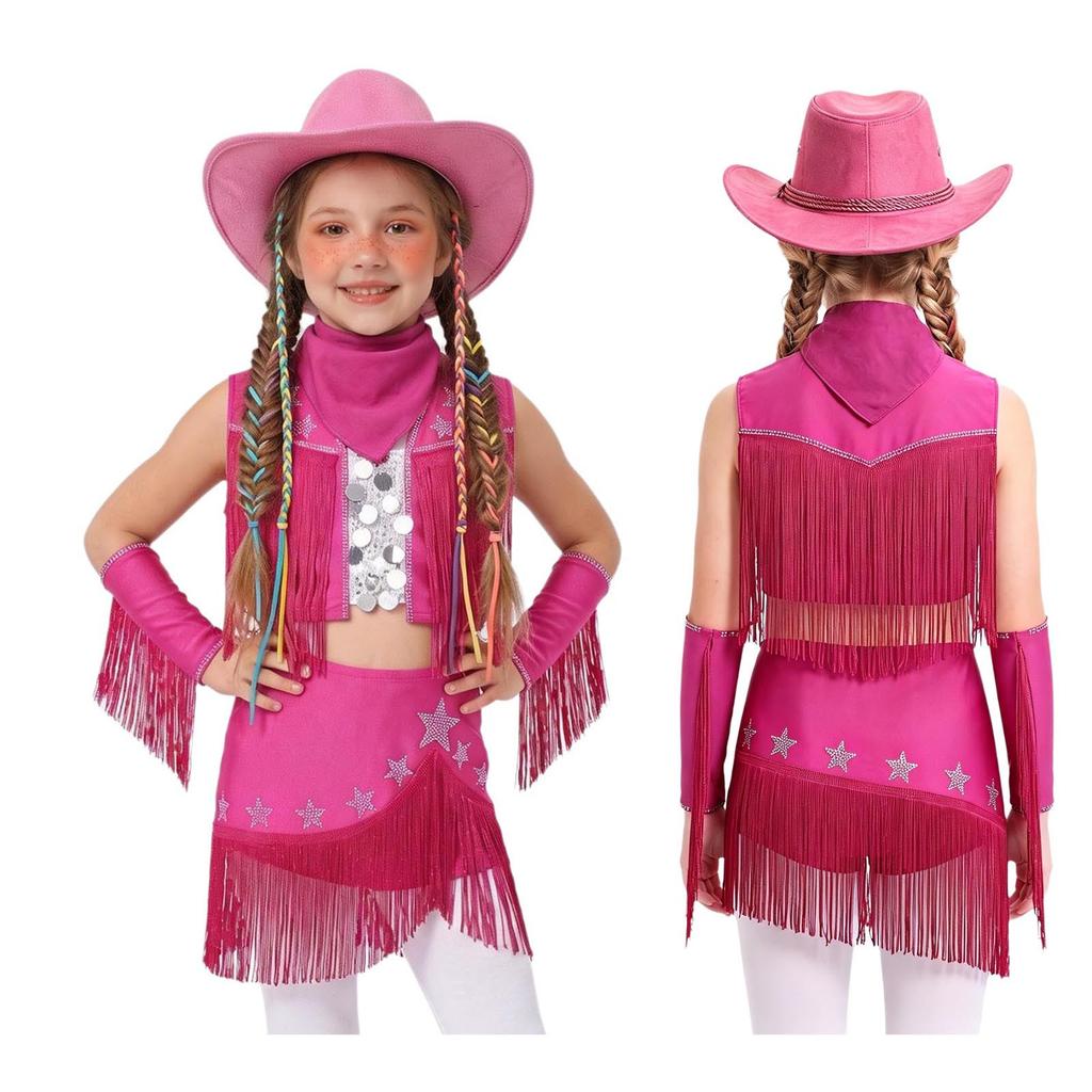 Kinder Mädchen Cowgirl Kostüm Ärmellos Pailletten Strass Fransen Oberteil mit Elastischem Rock Handschuhe Hut Halstuch Lateinischer Tanz Bühnenauftritt Wettbewerb