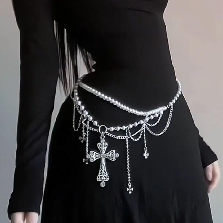 2000s Gothic Waist Belt Multi Layered Chain Pearls Chain Crosses Design For Edgy Outfits