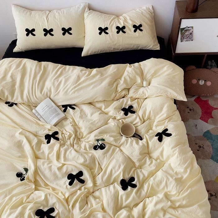 Class A Ins Pure Washed Cotton Bedding Four-Piece Set Quilt Cover Quilt Cover Bed Sheet Person Student Dormitory Three-Piece Set
