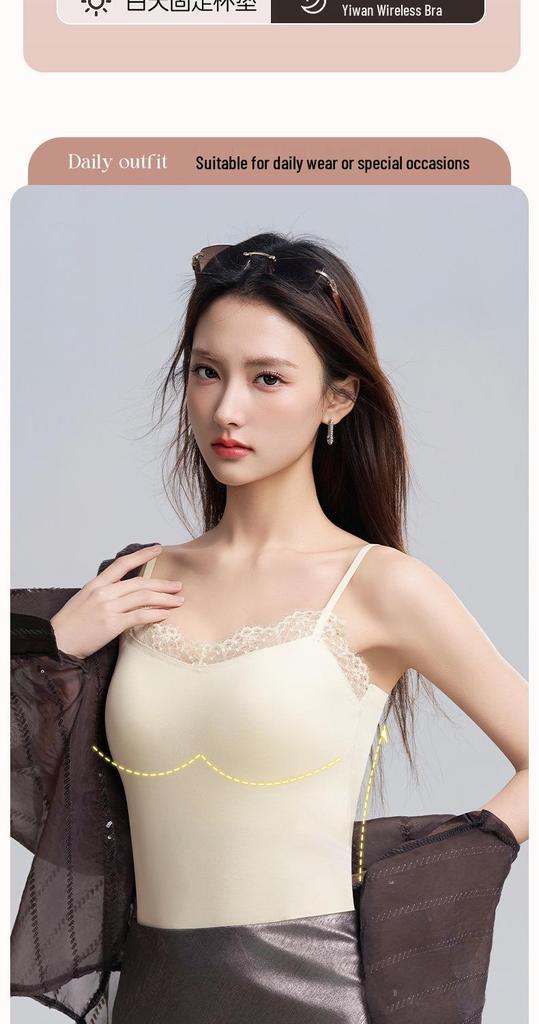 French Lace Camisole Tank Top with Chest Pads, No Bra Needed, Slimming Base Layer.
