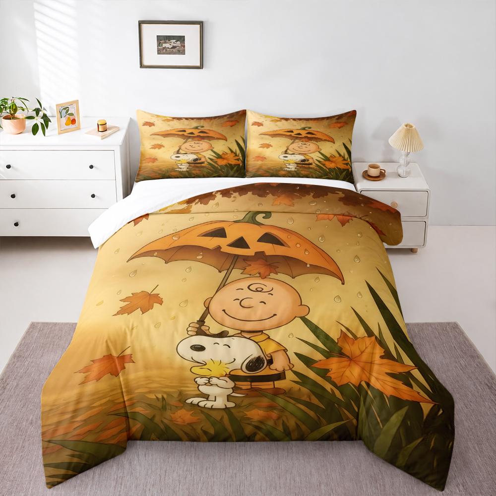 Duvet Cover Set Charlie Brown Snoopy Pumpkin Umbrella Autumn 3 Piece Bedding for Adult Fan Gift