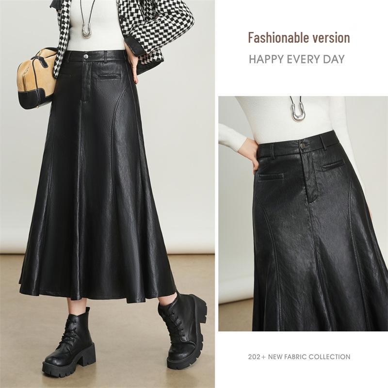 Women's Genuine Leather High Waist A-Line Midi Skirt - Autumn/Winter 2025 Fashion
