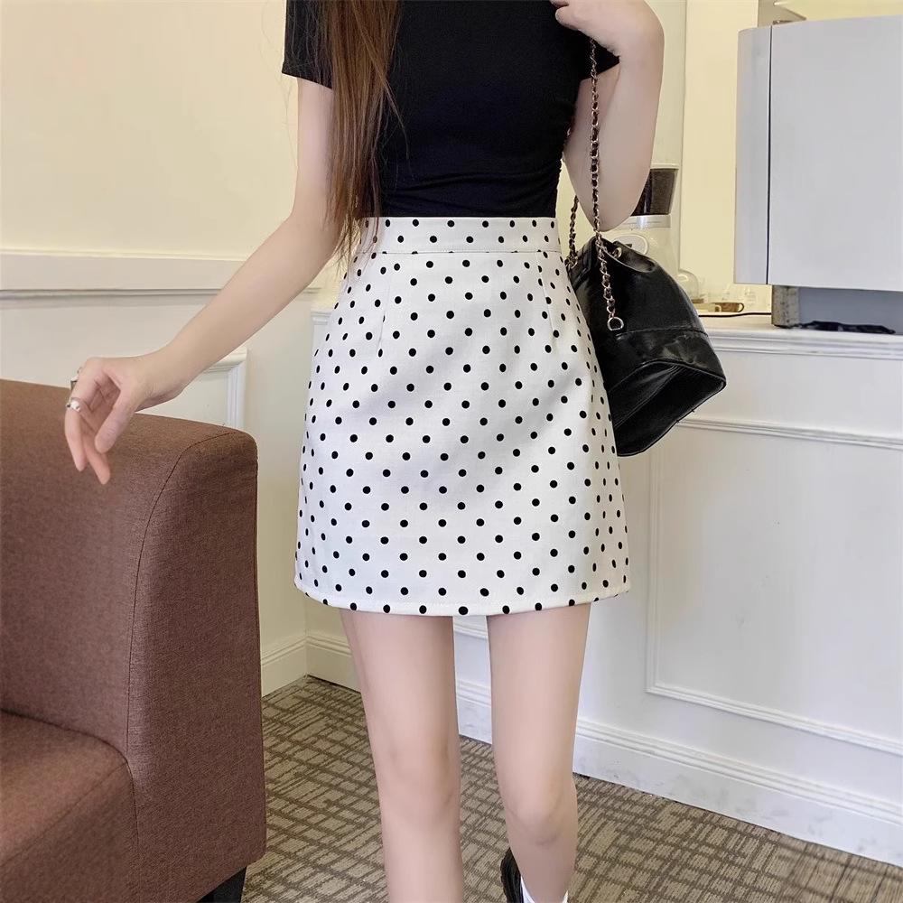 

Юбка миди А-силуэта с высокой талией в горошек - Женская весенне-летняя модель, стройнящий дизайн XS