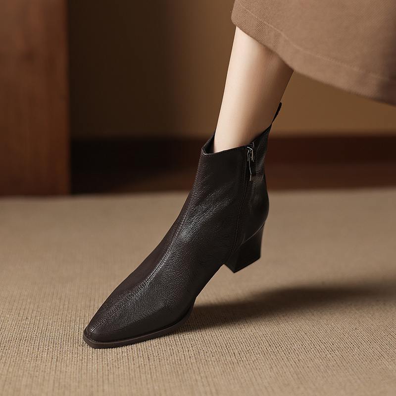 Krazing Pot Zimní kožené kozačky na středním podpatku se špičatou špičkou Chelsea pro ženy, elegantní dámské kotníkové boty na zip