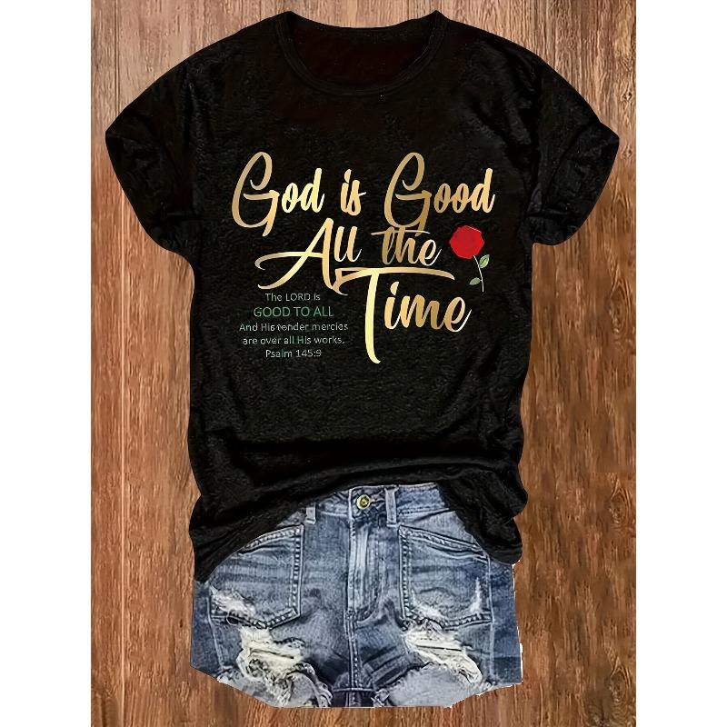 Womens Plus Size God Is Good All The Time Print Crew Neck T Shirt Polyester Knit Medium Stretch 180g M² All Season Black