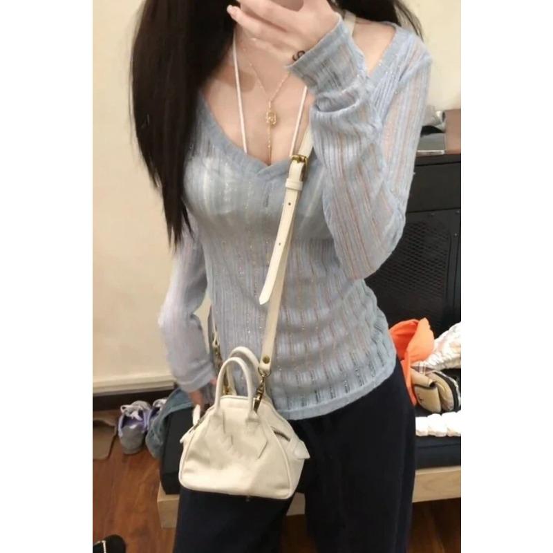 

Чистое Желание Горячая Девушка V-образный вырез Ажурный Сверкающий Вязаный Свитер Женский Весенний Новый Приталенный Тонкий Топ с Длинным Рукавом S синий