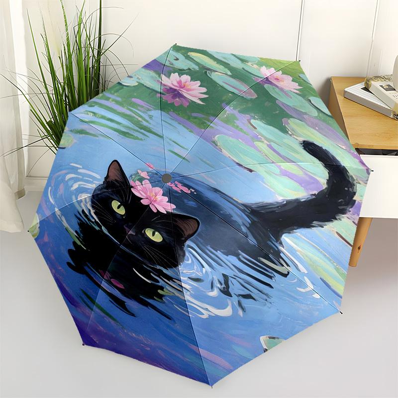 

1pc Black Cat in Water Lilies Umbrella with Plastic Handle,Vibrant Cartoon Pattern,Multi-functional UmbrellaPT140