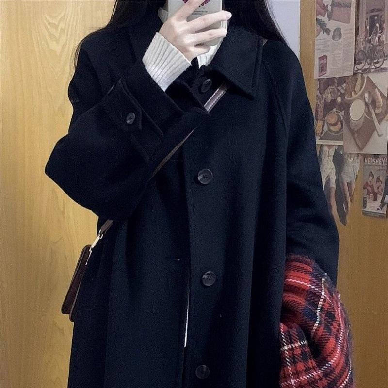 

Черное шерстяное длинное тренчкот для женщин - Корейский стиль Хепберн, Толстое пальто для весны, осени и зимы 2024 XL (130-150 jin)