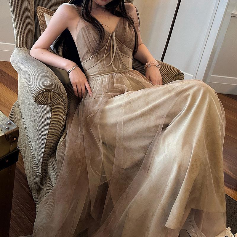 Spring Blue Double Layer Gauze V-Neck Strap Maxi Dress - Sexy 2026 Edition Small