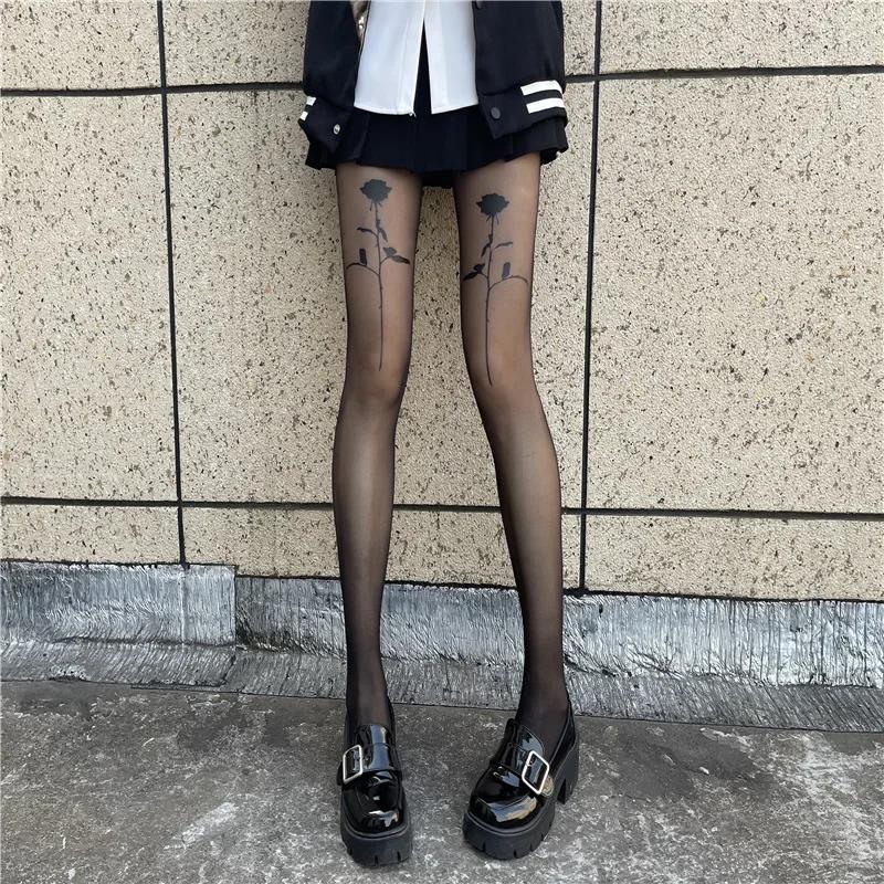 Four Seasons Trendy  Thin Breathable Tight Pants Thorn Rose Printed Letter Socks Pantyhose Silk Socks