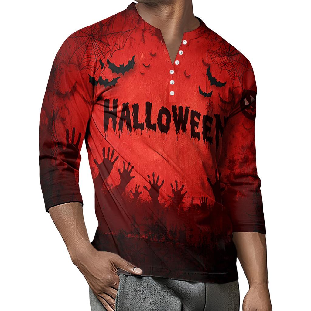 Men's Button-Down Contrast Raglan 3/4 Sleeve Top