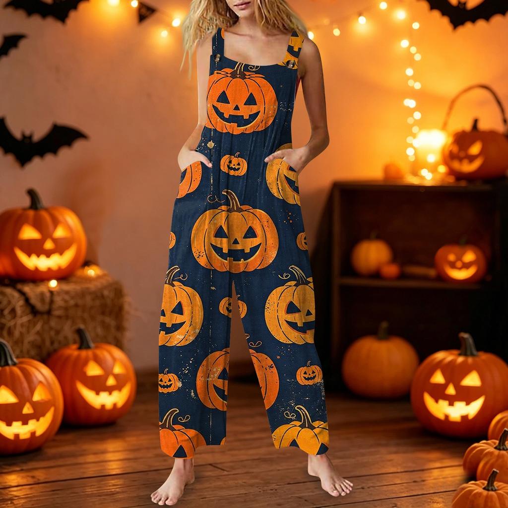 Women's Sleeveless Jumpsuit Halloween Pumpkin Print Cotton Casual Overalls Wide Leg Romper