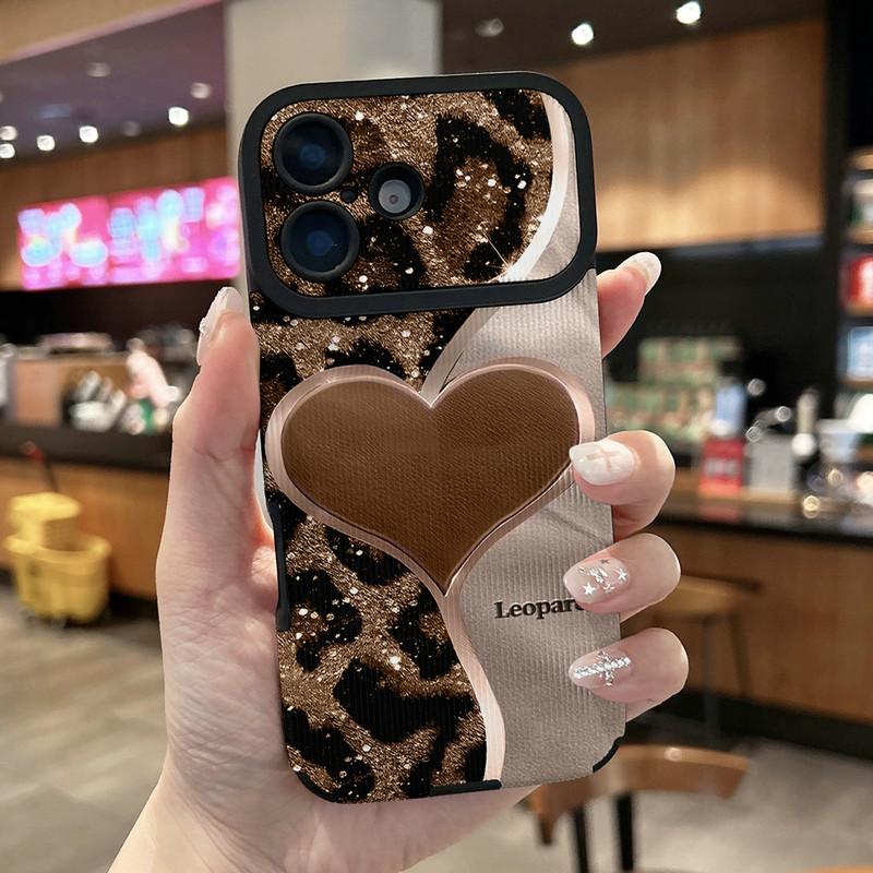 

Leopard Shape of Love Printed Vertical Grain Leather Soft Silicone Phone Case Back Cover with Camera Lens Full Protection for iPhone 17 Honor 300 Pro
