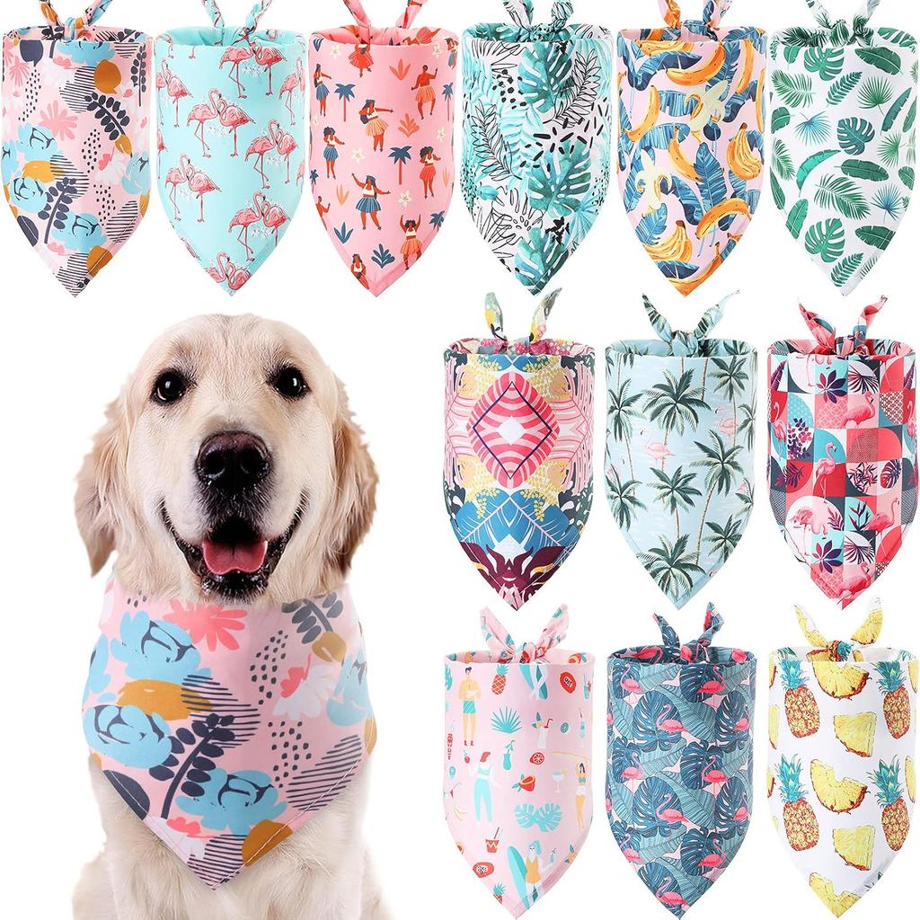 Weewooday 12 Pcs Large Dog Bandana Summer Scarf Hawaii Triangular Bibs Adjustable Washable Kerchief Pet Bandana with Fruit Leaves Patterns for Small