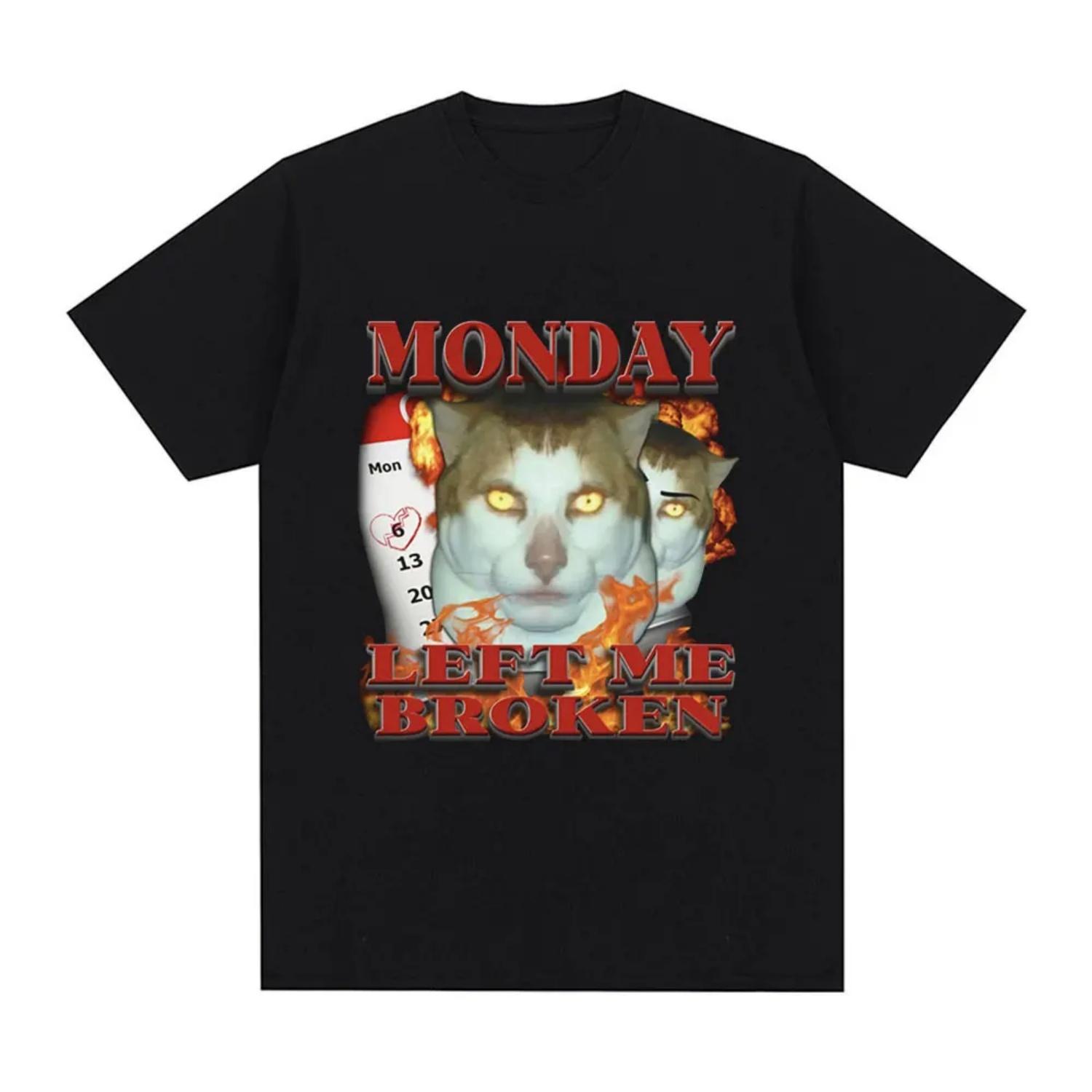 

Funny Monday Left Me Broken Cat Meme Graphic T Shirt Cotton Casual Short Sleeve T-shirt Fashion Vintage Summer T-shirts S чёрный