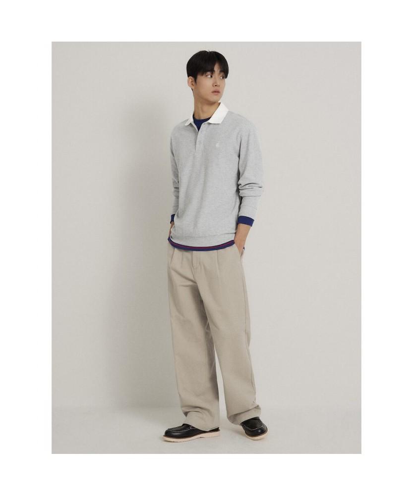 Binpolmen Collared Contrast Long Sleeve T-Shirt Light Gray