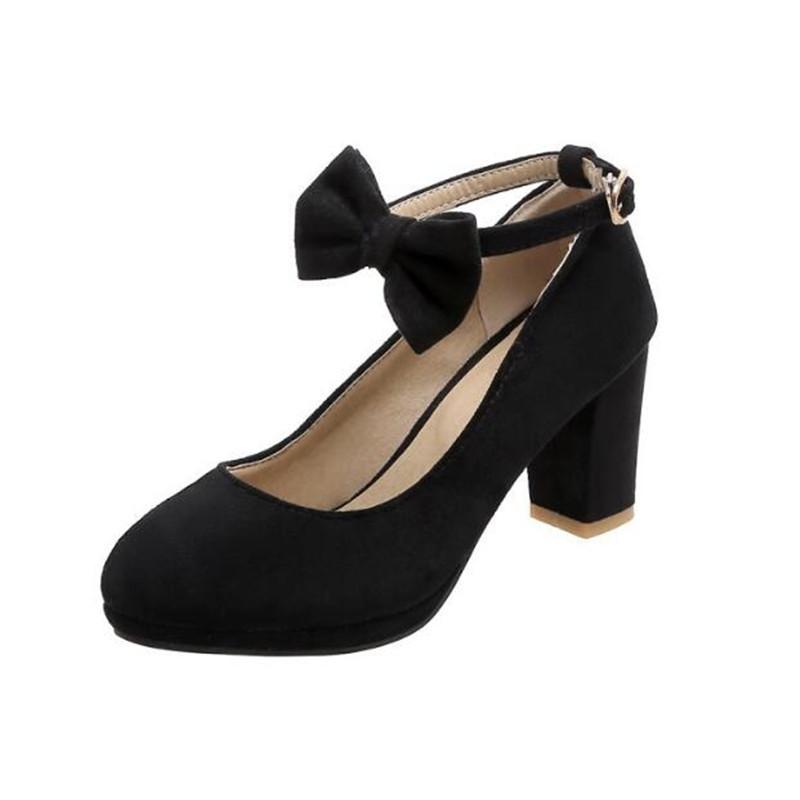 Ankle Strap High Heels Sweet Bowknot Women's Pumps Flock Woman Thick Heel Mary Jane Women Party Shoes Ladies Footwear 33-43
