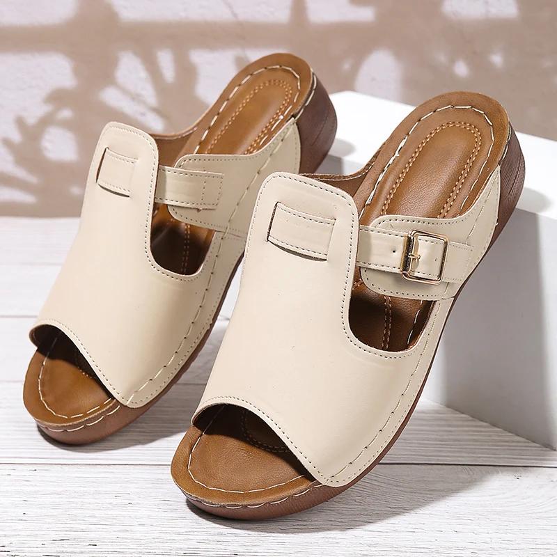 

Fashion 2025 Lightweight Platform Sandals Woman Plus Size Peep Toe Wedge Slippers Women Summer Buckle Strap Non Slip Casual Sandles 43 43 бежевый