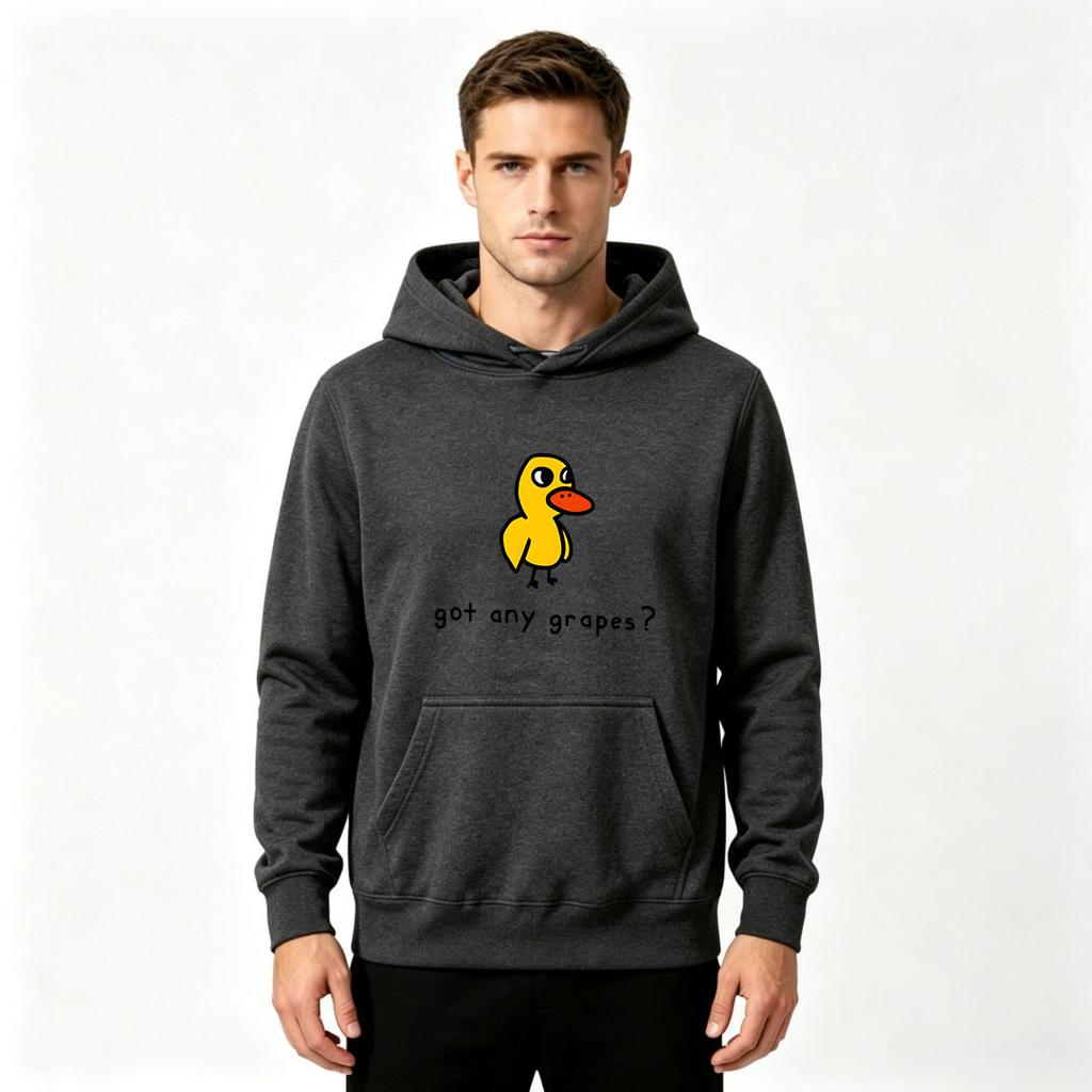 Men's Hooded Sweatshirt, Funny Cartoon Yellow Duck "Got Any Grapes" DTF Print Casual Long Sleeve Loose Pullover Hoodie Streetwear Top For Adult Men