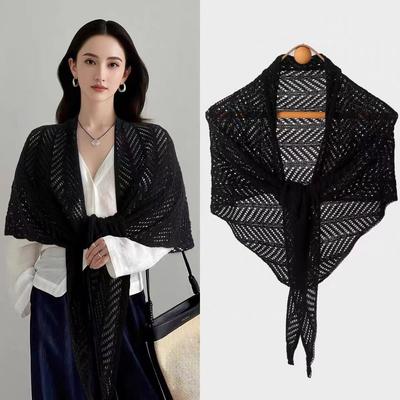 Solid Color Knitted Triangle Scarf Hollow Out Cardigan Cape Casual Vacation Shawl