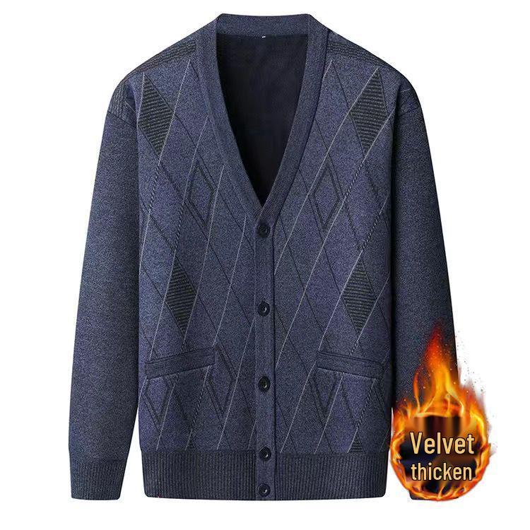 Men's V-Neck Thick Fleece Cardigan: Warm Knitwear for Dad and Grandpa