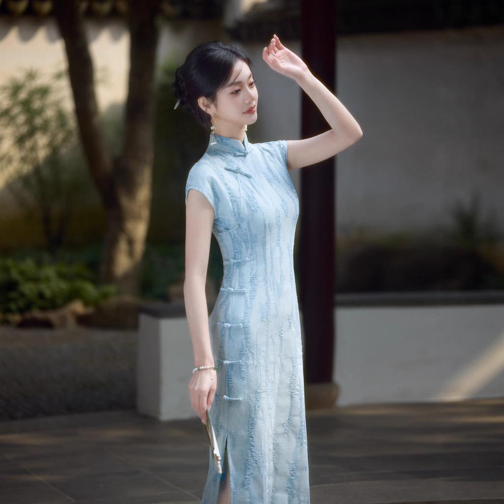 New Chinese young blue cheongsam 1011 summer girl daily thin temperament improved version retro dress