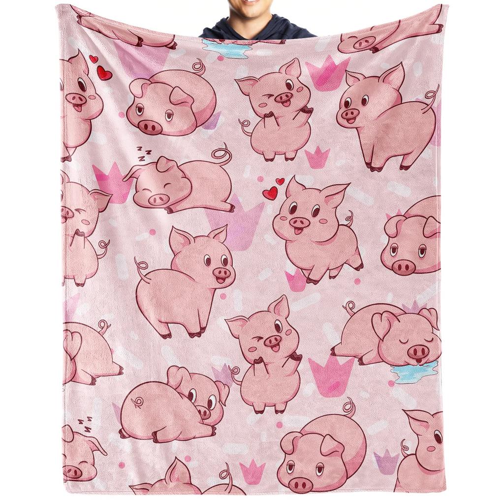 Pink Pig Flower Rose Flannel Blanket for Bed Sofa Portable Soft Fleece Throw Blankets Funny Plush Bedspread Queen King Twin Size
