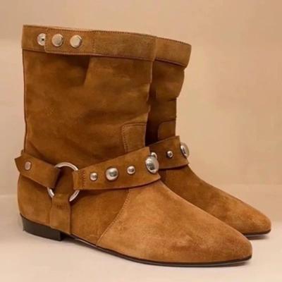 New Fashion Solid Color Versatile and Comfortable Shallow Mouth Pointed Toe Women's Nude Boots with Metal Decoration