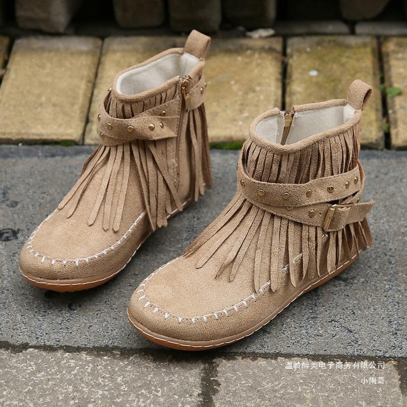Short Boots Women's Double-layer Fringed Boots Women's Thangka Shoes Flat-soled Doudou Shoes Autumn New Side Zipper Velvet Women's Boots