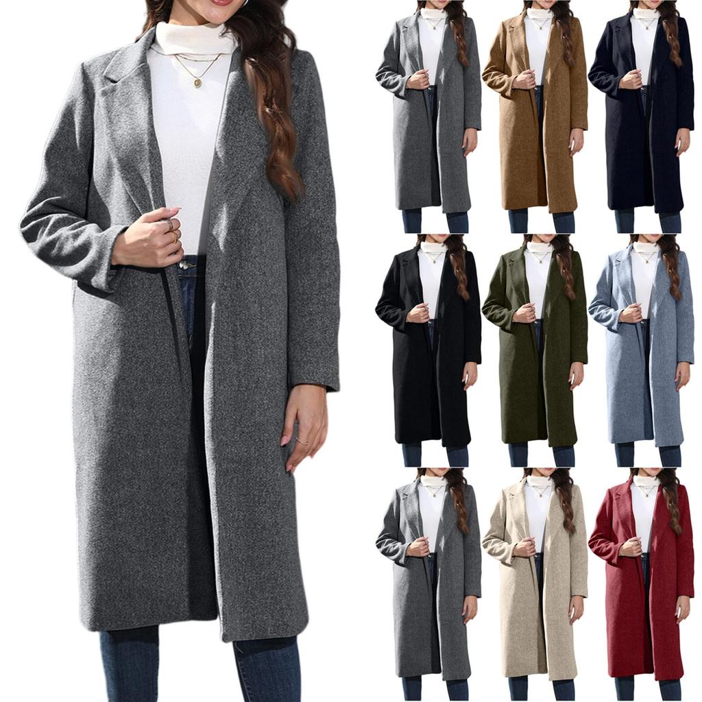 Women's Casual Long-Sleeved V-Neck Single-Button Solid Colour Wool Coat