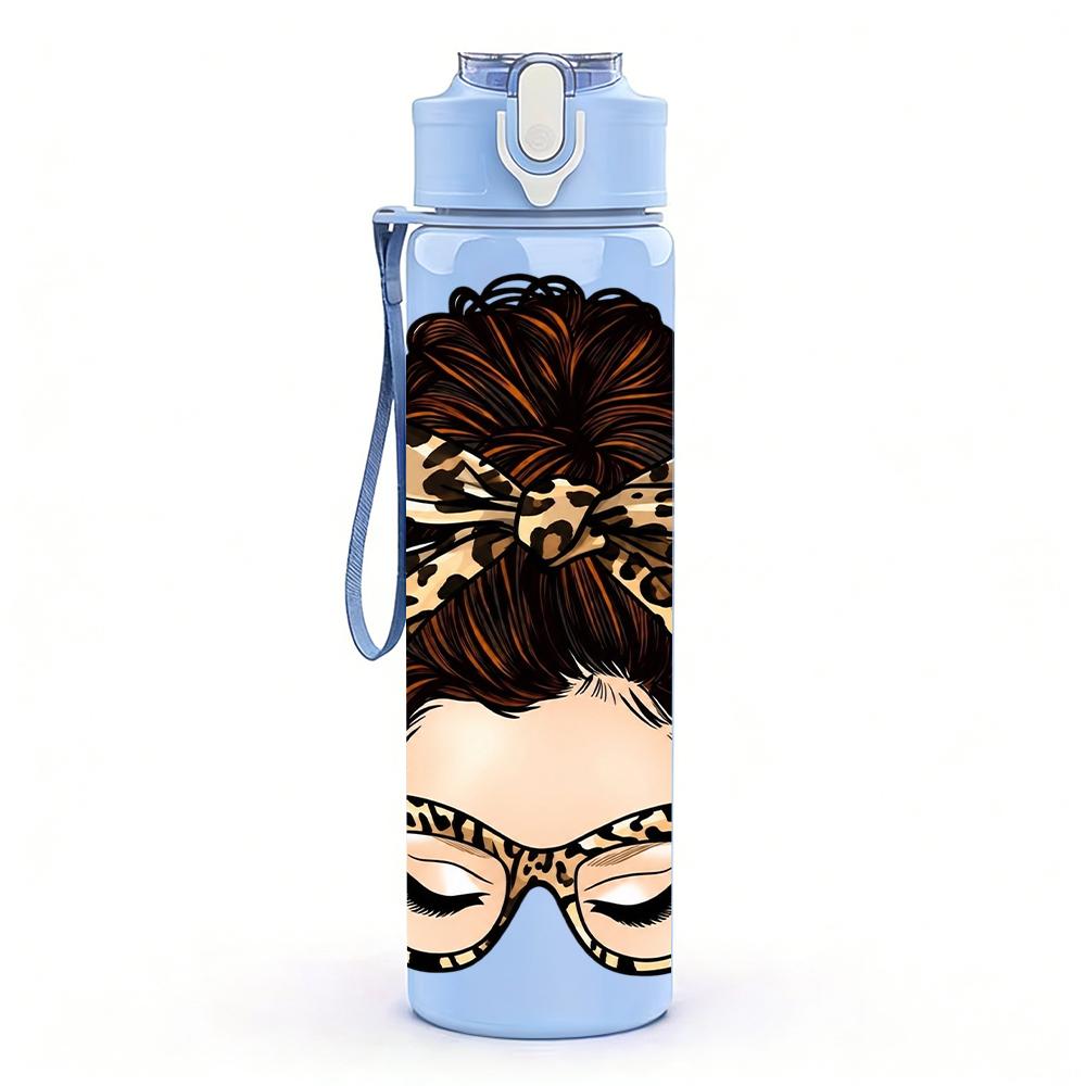 1PC Leopard Print Messy Bun Lady 750ml Color Plastic Sports Water Bottle Leakproof Flip Straw Lid Suitable for Sports Office Home Use