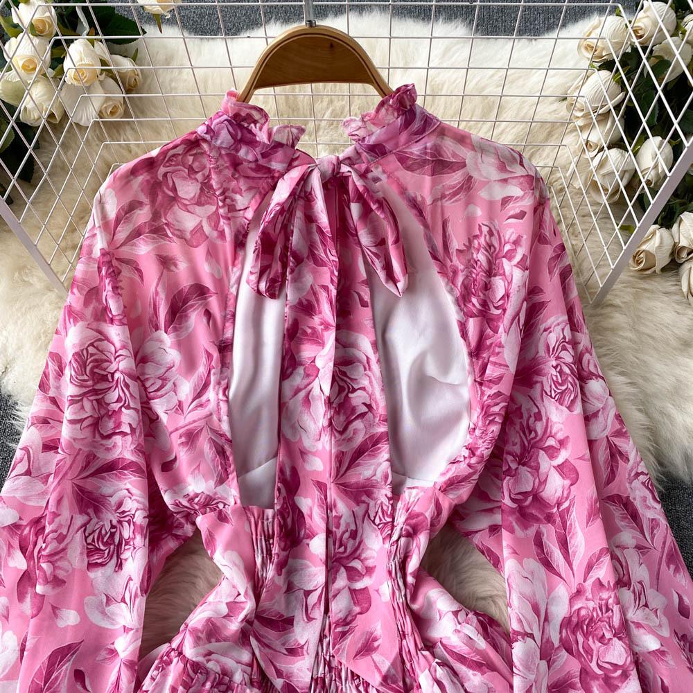 Women's Spring Summer Bohemian Beach Dress Backless Puff Sleeve Flower Print Party Midi Dresses