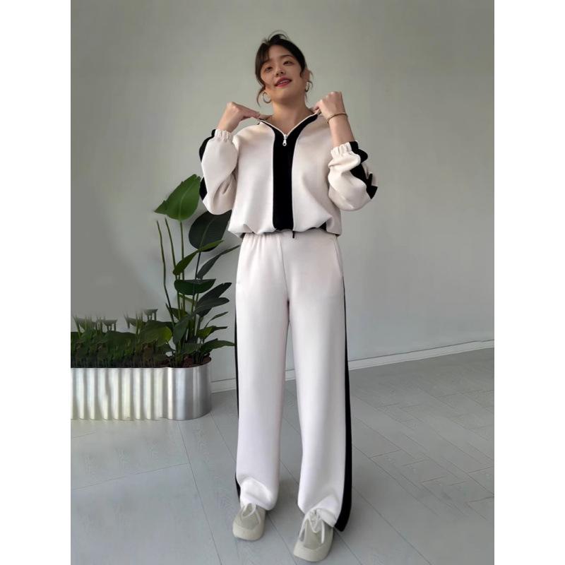 2025 Autumn Women's Fashion Color Block Casual Knitted Two-Piece Set