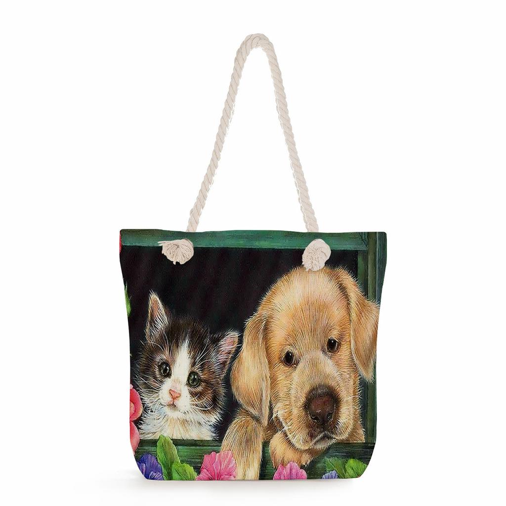 Cat print thick rope single-shoulder beach bag 7228