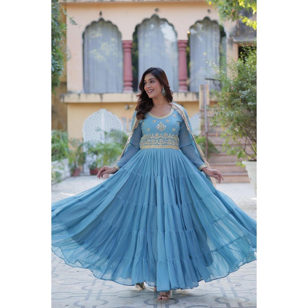 Desirable Women's Fully Flair Gown Made With Star Georgette Fabrics and Designer Embroidered Dupatta With Attractive Lace Border ,COLOUR:- 4