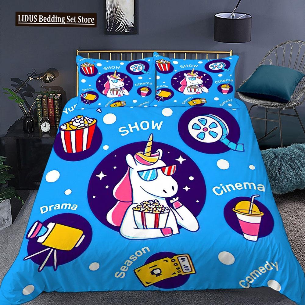 Zestaw poszwy na kołdrę Jednorożec Rozmiar King Queen Różowy Nadruk 3D Słodki Jednorożec Gwiazda Tęcza Chmura Dla Dzieci Dziewcząt Chłopców Poliestrowy Zestaw Pościeli