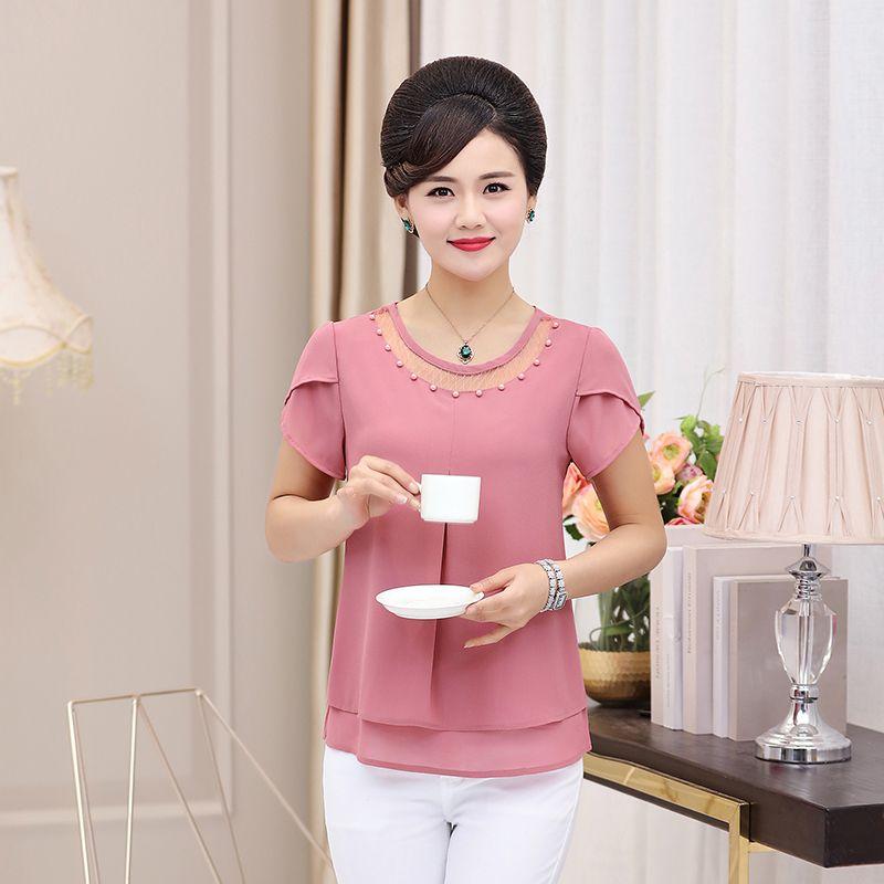 Damen T-Shirt Sommer Kurzarm Groß Chiffon Mode Rundhals Gaze Aushöhlen Patchwork Bluse Locker Mode Elegant Tops