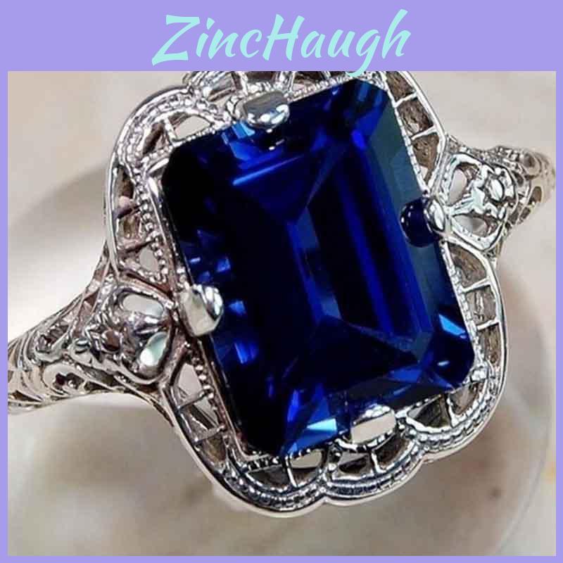 Elegant European Style Jewelry With Classic Square Cut Blue Sapphire Rhinestone Studded Ring