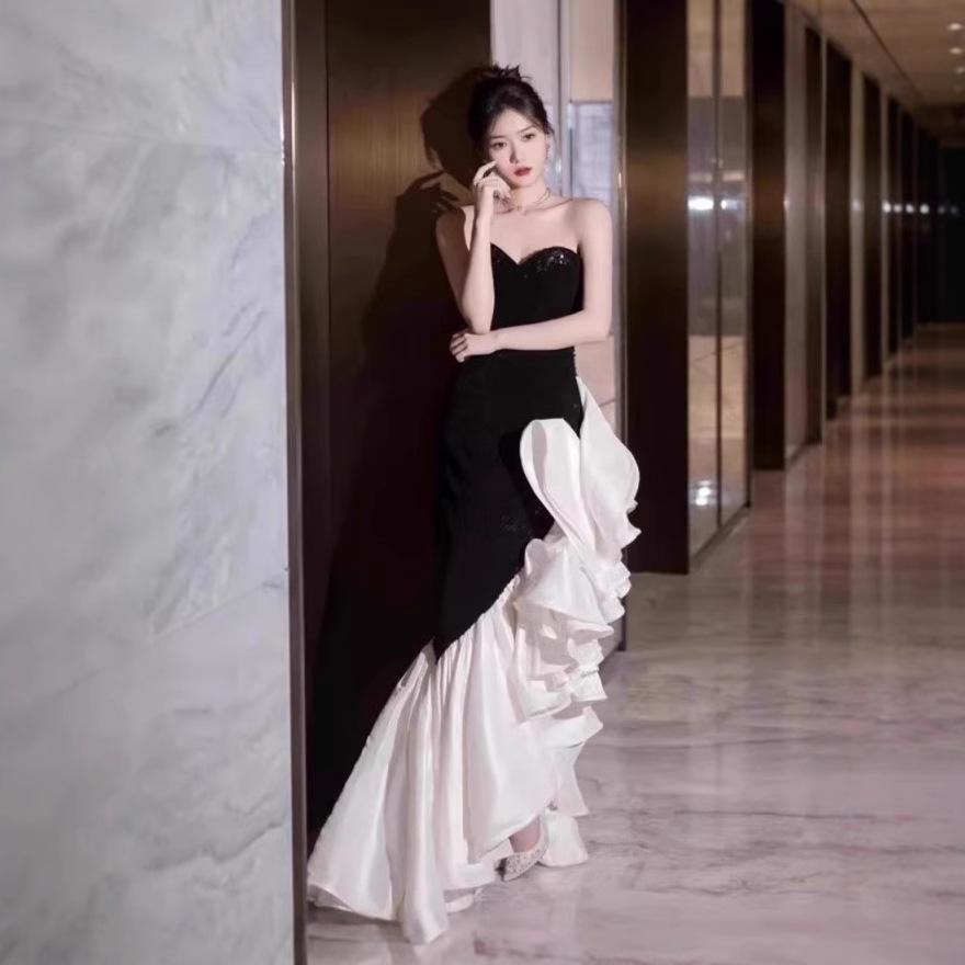 Tube Top Evening Dress Dress High-end Light Luxury Niche High-end Sense Black Sequin Fishtail Design Sense Annual Meeting Dress Women