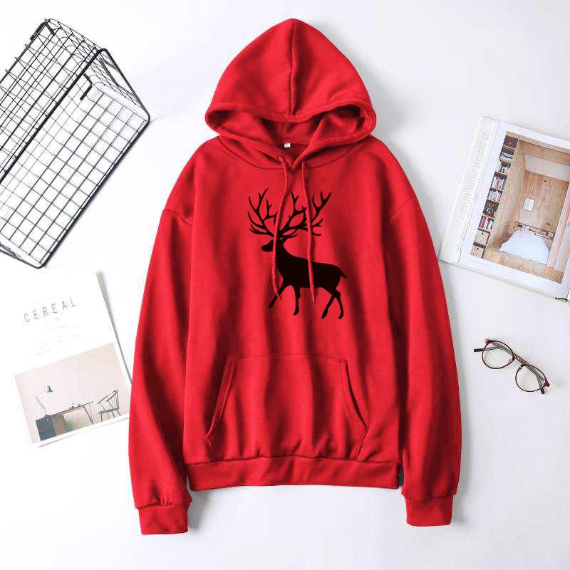 Ladies Autumn Elk Deer Printed Hooded Hoodie for Women Loose Plus Size Long Sleeve Pullover Tops
