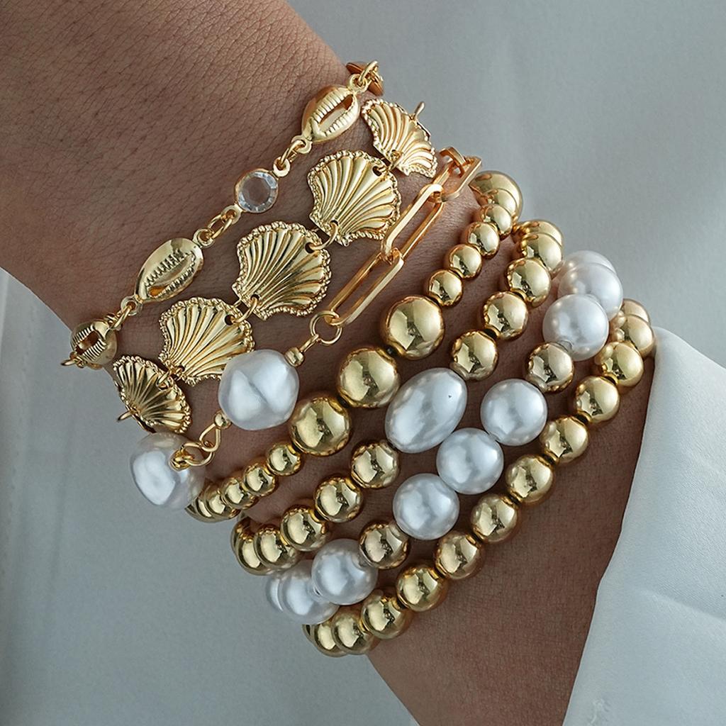 7-teilige Perlenarmbänder mit Imitationsperlen für Damen, Bohemian, goldfarben, Muschel, Zirkon, Armband-Sets, Schmuckgeschenke für den Sommerurlaub
