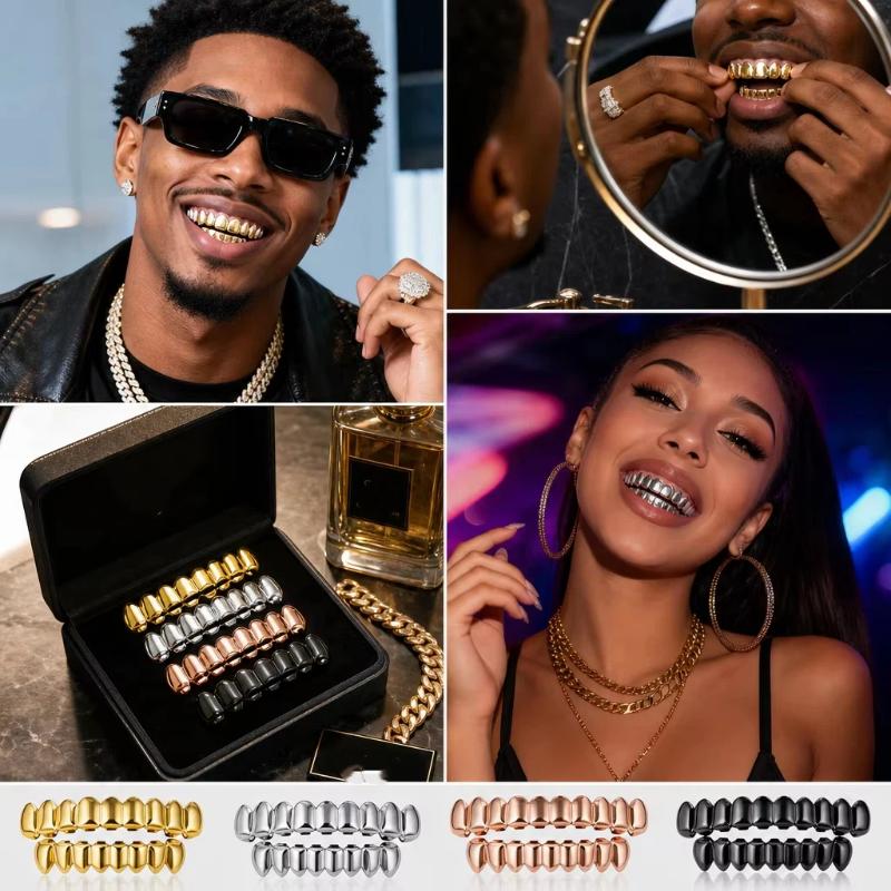 1/2 Pcs Glossy Finish Eco Friendly Copper Top Bottom Teeth Grillz Set Anti Slip Silver Gold Teeth Jewelry Cosplay