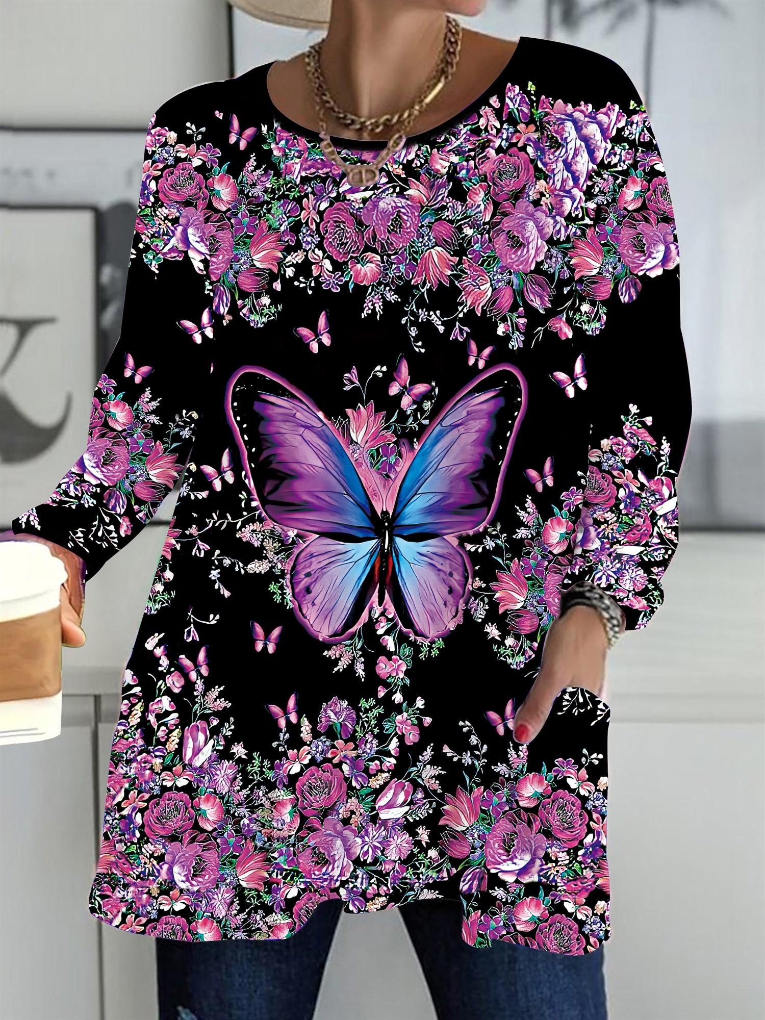 

Осень-Зима 2025 Новые Женские Топы Большого Размера, Модные Футболки с 3D-принтом Бабочек, с Круглым Вырезом и Длинным Рукавом 1XL чёрный