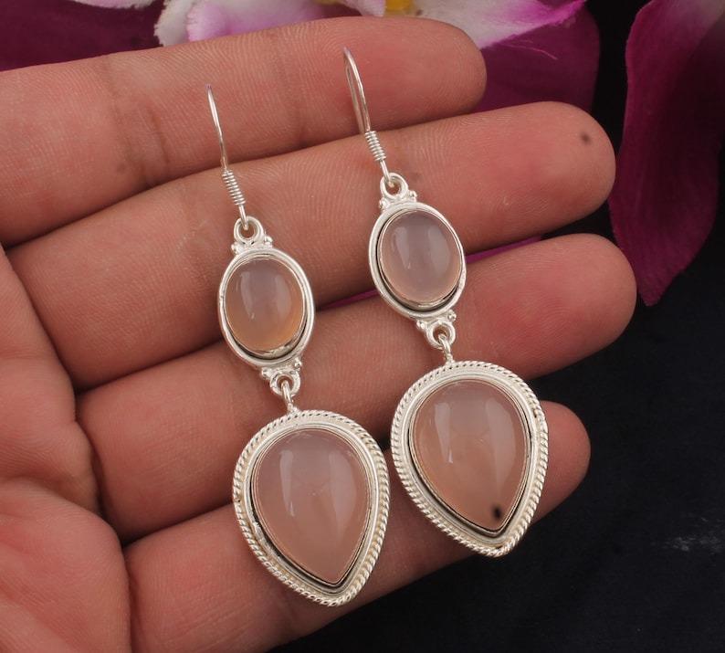 Rosenkvarts Ädelsten handgjorda Designer Damörhängen Gåva till henne Delikata Örhängen Massivt 925 Silver Örhängen