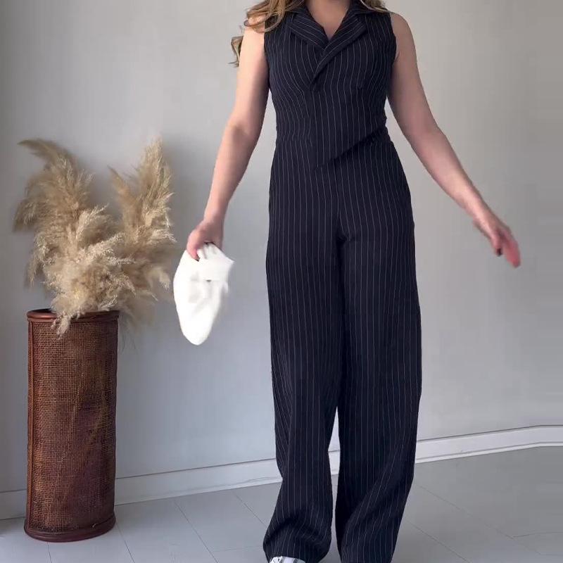 European and American Striped Print Summer Set: Short Vest & Wide-Leg Long Pants for Women, 2024 Collection