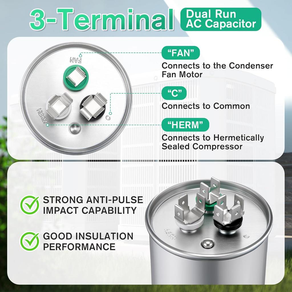 55+15 uF±6% 370/440V CBB65 Dual Run Round Capacitor for AC Motor, HVAC Capacitor, Air Conditioner Replacement, Heat Pump, Fan Start, Condenser