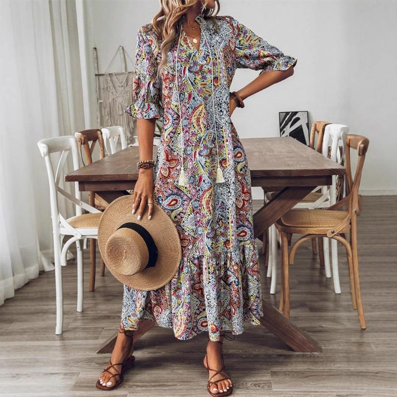 Women's Comfortable Casual Dress Women's Printed V-neck Ruffled Dress