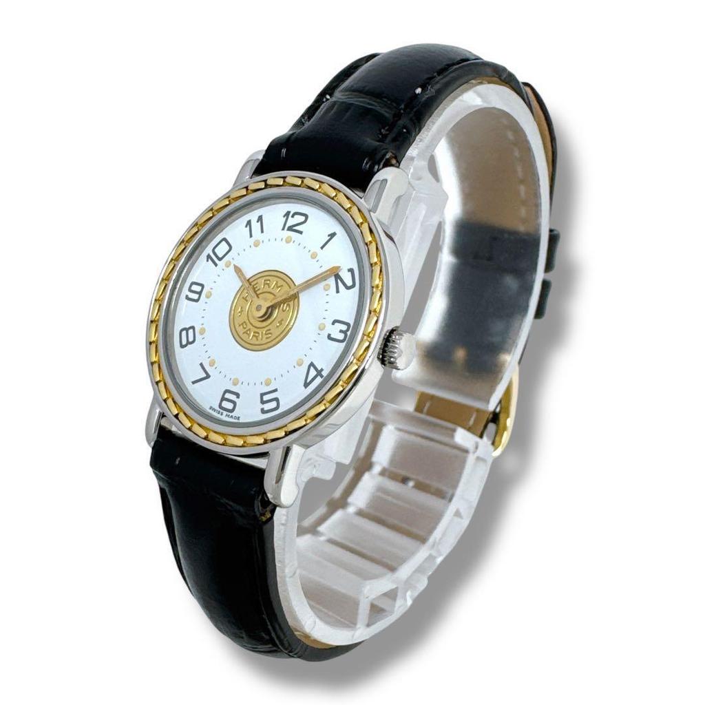 Used HERMES Serie Combi Gold Leather Belt Leather White Dial Quartz QZ Ladies Watch Brand Good Condition Working