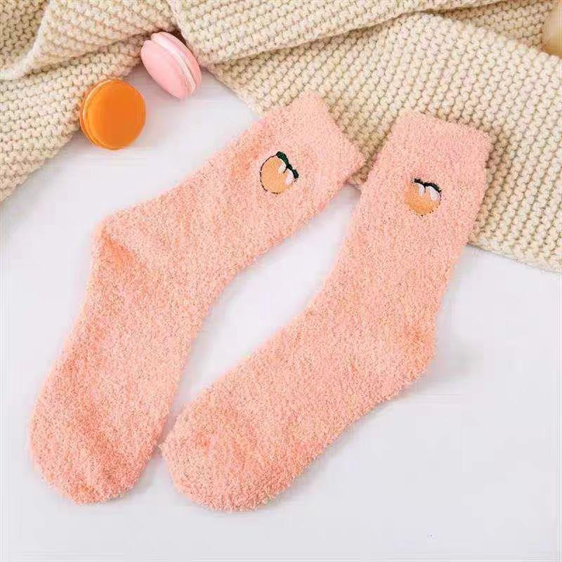 Kawaii Women's Fruit Embroidery Socks Fluffy Warm Plush Socks Female Fashion Winter Coldproof Floor Sleep Socks Snow Terry Sock