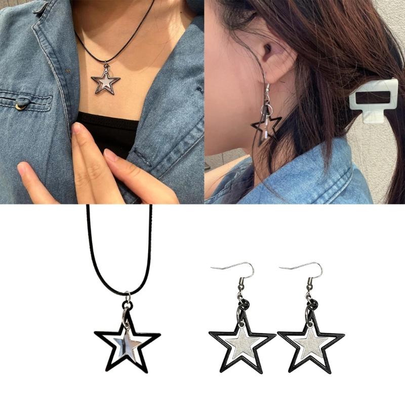 Black Star Pendant Necklace Exquisite Punk Double Star Clavicle Chain Unique Choker Jewelry Hip Hop Earring Eye Catching